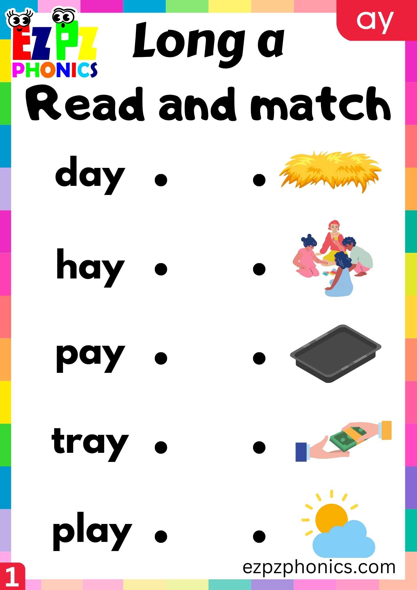 Group1 AY Words Read And Match Long A Phonics Worksheet